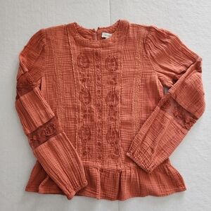 Calligraphie Rust Embroidered Blouse With Lace Detail Size Small
